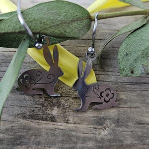 Rabbit Earrings - Silver Bunny Rabbit Dangle Earrings with Flower Design, Cute, Fun, Easter Jewelry, Perfect Gift