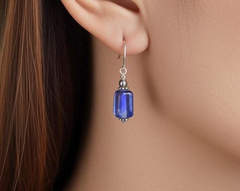 Blue Czech Glass Dangle Earrings: Sterling Silver Boho Jewelry