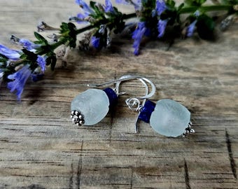 Handmade Sea Glass Earrings: Lapis & Sterling Silver Daisy Beads