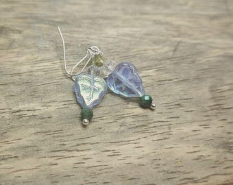 Iridescent Blue Glass Leaf Earrings: Malachite, Peridot & Sterling Silver