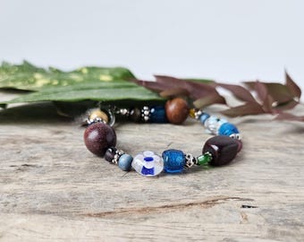 Handmade Wood Beaded Bracelet: Sterling Silver, Lampwork Flower Beads