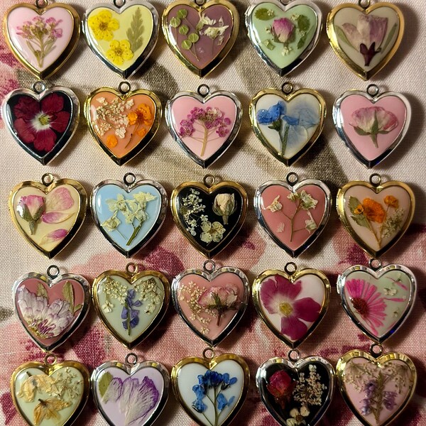 Heart Locket Necklace, Real Pressed Flowers, Stainless Steel Chain
