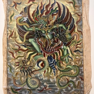 Original Balinese art of Garuda hunting a serpent, 1960’s Balinese art, vintage Balinese art, Balinese Ubud painting on canvas