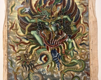 Original Balinese art of Garuda hunting a serpent, 1960’s Balinese art, vintage Balinese art, Balinese Ubud painting on canvas