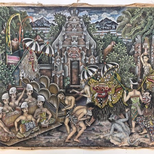 Original 1960’s Balinese art of the Apuan Barong Festival, vintage Balinese art, Balinese Ubud painting on canvas