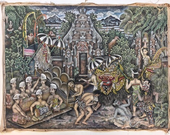Original 1960’s Balinese art of the Apuan Barong Festival, vintage Balinese art, Balinese Ubud painting on canvas