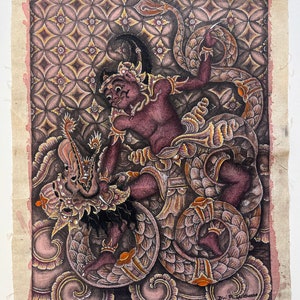 Original 1960’s Balinese art of a Balinese figure fighting a serpent, vintage Balinese art, Balinese Ubud painting on canvas