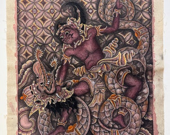 Original 1960’s Balinese art of a Balinese figure fighting a serpent, vintage Balinese art, Balinese Ubud painting on canvas