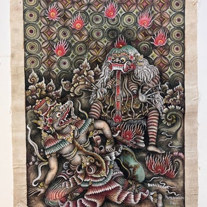 Balinese art of Rangda battles Barong in his elephant form, original 1960’s Balinese art, vintage Balinese art
