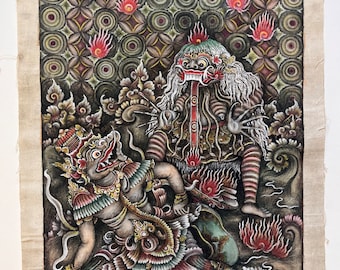 Balinese art of Rangda battles Barong in his elephant form, original 1960’s Balinese art, vintage Balinese art