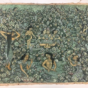 Arte balinese vintage delle donne che fanno il bagno, arte balinese originale degli anni ’60, dipinto balinese di Ubud su tela