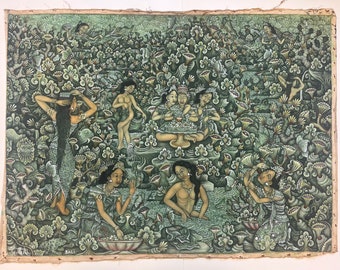 Vintage Balinese art of women bathing, original 1960’s Balinese art, Balinese Ubud painting on canvas