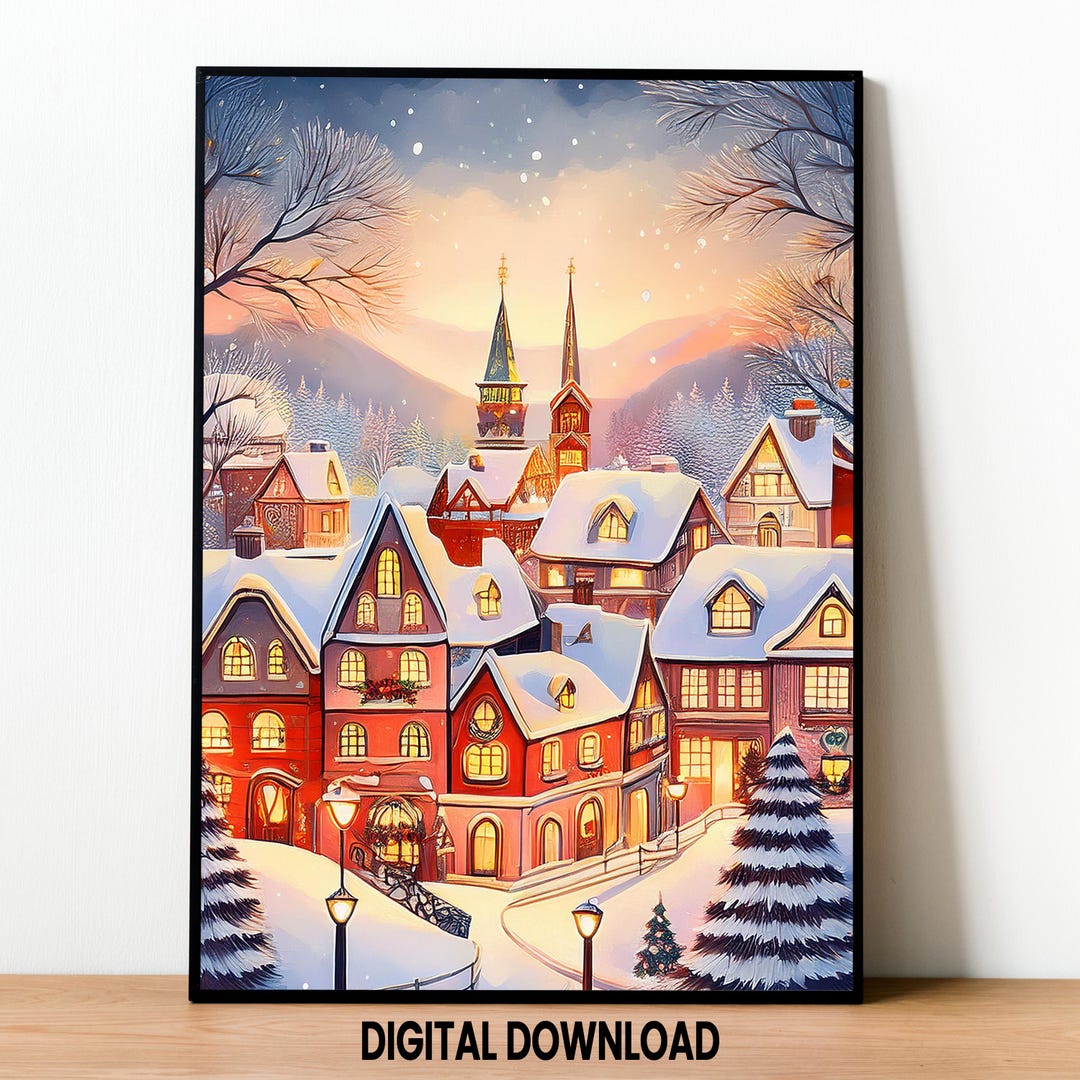 Cute Winter Town Printable Wall Art, Snowy Winter Potrait Art ...