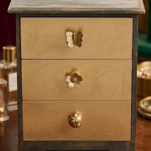 Refinished Vintage Wooden Jewelry Chest | Gold Botanical & Insect Knobs | Floral Drawer Sides