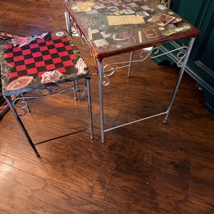 Whimsical Decoupage Painted and Checkerboard Wood and Metal Scrollwork Nesting Table set