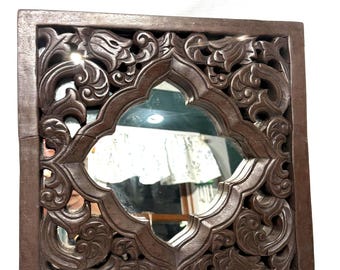 Vintage Hand Carved Wood Mirror | Ornate Boho Wall Decor