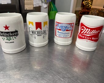 Vintage Set of Collectible Porcelain Pint Mugs Budweiser Michelob Miller Heineken
