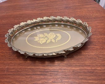 Bandeja de perfume vintage Hollywood Regency dourada com rosas