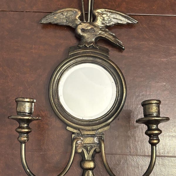 Pair of Mid Century Italian Federal Eagle Sconces, Gold Mirror Candelabras, Hollywood Regency