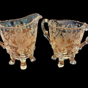 Vintage Etched Glass New Martinsville Viking &quot;Prelude&quot; Footed Creamer & Sugar Bowl
