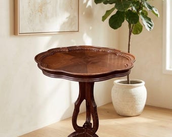 Antique Carved Mahogany Occasional End Table - Open Scrollwork with Pedestal Base