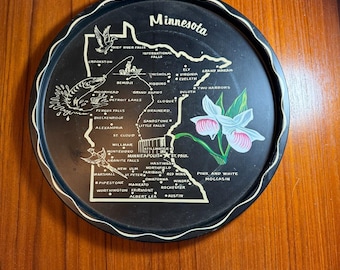 Vtg 1960er Jahre Metall Souvenir Minnesota State Teller / Tablett 11 "Rosa Mokassin MCM Dekor
