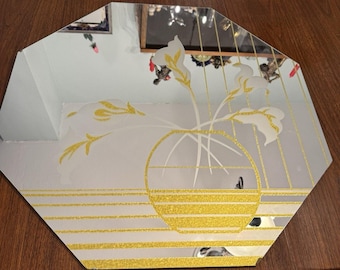 Vintage Art Deco Revival Octagon Mirror Etched Glass Floral Irises Windsor Gold Leaf