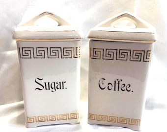 Azucareros de porcelana alemana antigua para café y azúcar – Almacenamiento de cocina con diseño de greca dorada