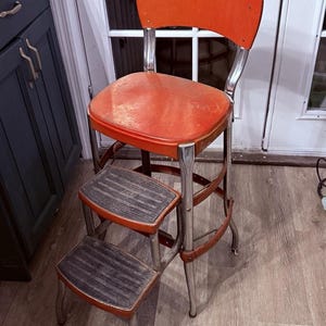 Vintage MCM Red Cosco Kitchen Step Stool Chair Pull Out Steps mid century retro