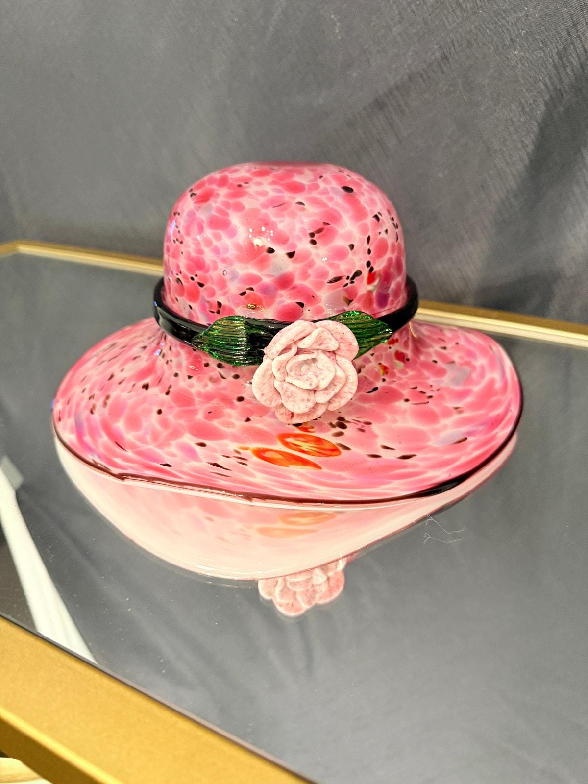 Vintage Hand-blown Pink Murano Glass Hat Bowl With Green 
