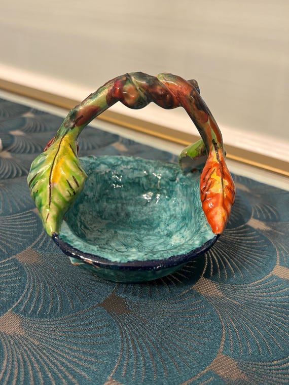 SIGNED Vintage Majolica Italian Pottery Ceramic Painted Basket ring dish or trinket dish