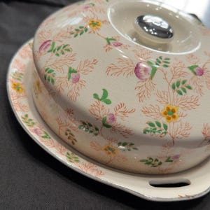 May include: A cream-colored ceramic butter dish with a matching lid featuring a delicate floral pattern in shades of pink, green, and yellow. The lid has a central knob handle, and the base includes a small cutout handle on one side.