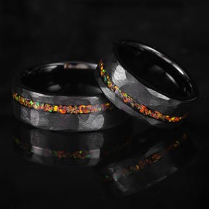 Couple Ring  Black color,  Different color of Opals Ring, Tungsten Carbide Wedding Ring and Anniversary Day