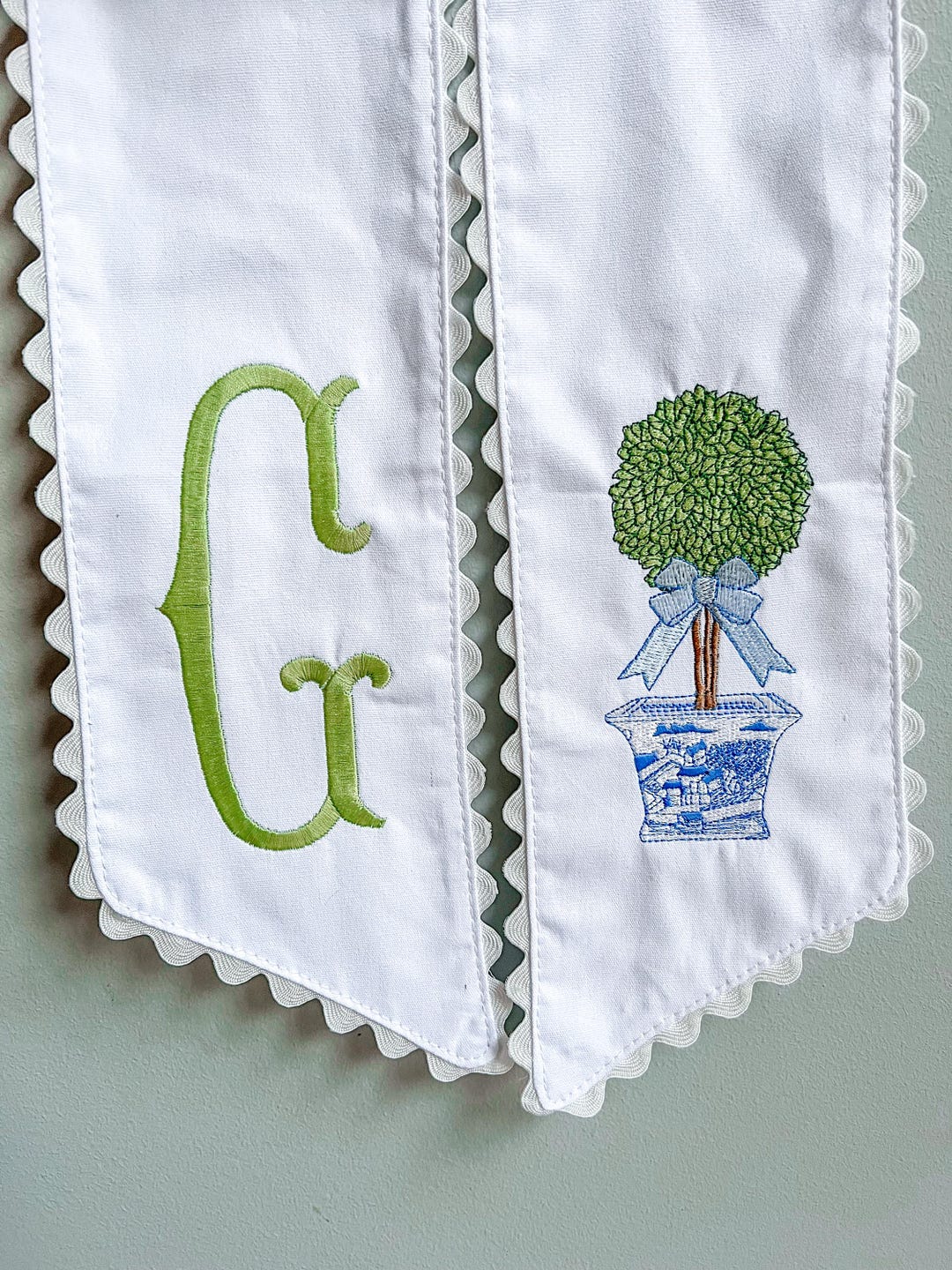 Topiary Embroidered Wreath Sash Ricrac Trim White - Etsy