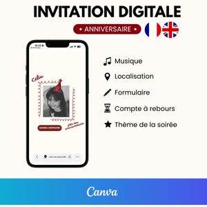Può includere: Un modello di invito digitale per una festa di compleanno visualizzato su uno schermo di smartphone. Lo schermo mostra la foto di un bambino con un cappellino da festa rosso, con testo tra cui Célia, fête son anniversaire e un tasto OUVRIR L'INVITATION.