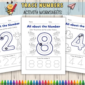 May include: Three printable worksheets for kids to practice tracing numbers. The worksheets feature a number, a title "All about the Number", and a line of pictures to color. The numbers are 2, 8, and 4. The pictures are giraffes, turtles, and rubber ducks.