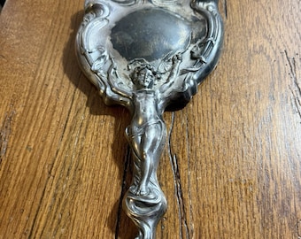 Antique Art Nouveau Silverplate Beveled Hand Mirror, Cupid & Arrow, 1904 Derby