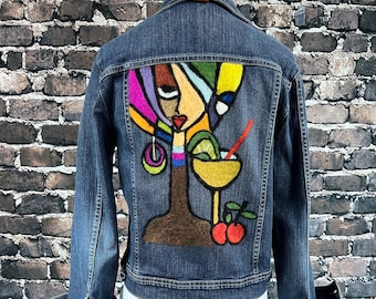 Chaqueta vaquera reciclada con diseño de fieltro de aguja de mano