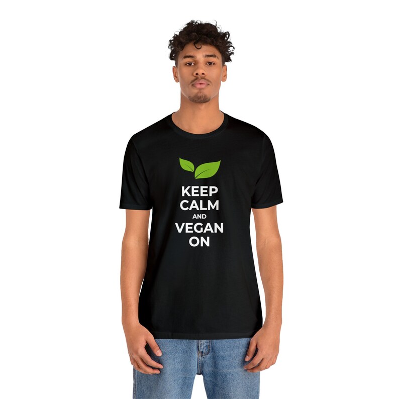 Keep Calm and Go Vegan Minimalist Green Leaves Vegan T-shirt Serene Nature-Inspired Top Trendy Tee Organic Cotton Shirt image 1