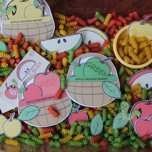 May include: A sensory bin filled with red, yellow, and green rotini pasta, featuring paper cutouts of apple orchard baskets, apple slices, worms, and currency labeled Apple Buck. A yellow bowl contains yellow pasta with a yellow apple cutout.