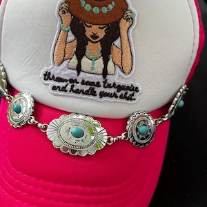 Dark Hot Pink “Brunette Cowgirl” Trucker Hat with Turquoise Conchos Trucker Chain