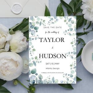 Tarjeta de invitación para boda con hojas de eucalipto, invitación bohemia imprimible, plantilla editable