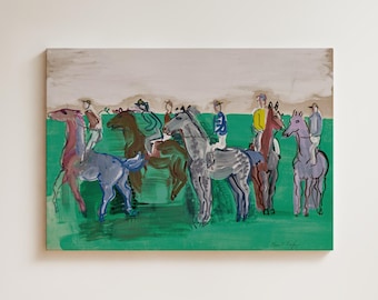 Vintage Equestrian Art Print | Horse Racing Painting, Impressionist Jockey Illustration, Pastel Racing Scene