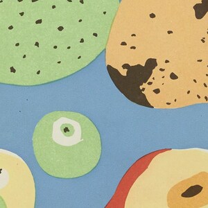 Modern kitchen wall art print depicting a collection of illustrated fruit arranged in a balanced composition. The soft textures, playful shapes, and neutral blue background create a warm yet minimalist feel inspired by Nordic and mid-century design.