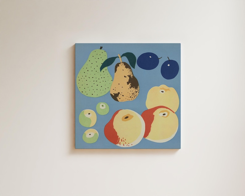 A modern still life art print featuring illustrated pears, apples, and plums arranged on a muted blue background. The fruit is stylized with soft shapes, organic textures, and earthy tones, creating a Scandinavian-inspired minimalist look ideal for kitchen or dining room wall decor.
