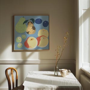Minimalist fruit illustration showing pears, apples, and dark blue plums in a flat, modern style. The artwork uses a calming color palette of blue, green, yellow, and red, making it a contemporary wall art print perfect for modern or mid-century interiors.