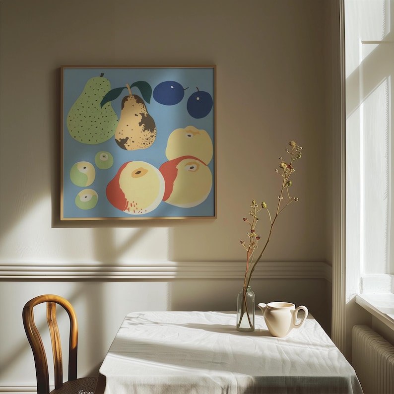 Minimalist fruit illustration showing pears, apples, and dark blue plums in a flat, modern style. The artwork uses a calming color palette of blue, green, yellow, and red, making it a contemporary wall art print perfect for modern or mid-century interiors.