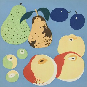 Scandinavian-style still life wall art with abstract fruit shapes including pears, apples, and plums. The simple composition and muted blue background give the artwork a clean, modern aesthetic suited for kitchen decor, gallery walls, or minimalist home styling.