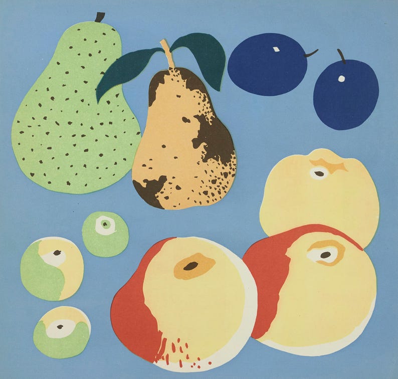 Scandinavian-style still life wall art with abstract fruit shapes including pears, apples, and plums. The simple composition and muted blue background give the artwork a clean, modern aesthetic suited for kitchen decor, gallery walls, or minimalist home styling.