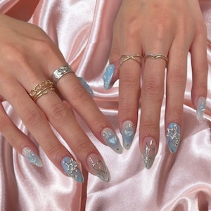 Rhinestone Hearts Five Star Nails, Celestial Blue Star Press On Nails, Pastel Cloud Glitter Nails Set, Long Almond Press On Nails for W